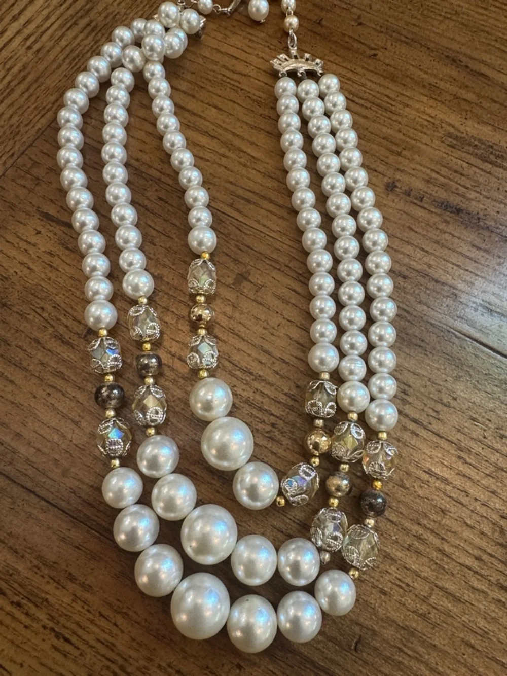Elegant Multi-Strand Pearl and Crystal Necklace - Cream & Gold | Made In Japan